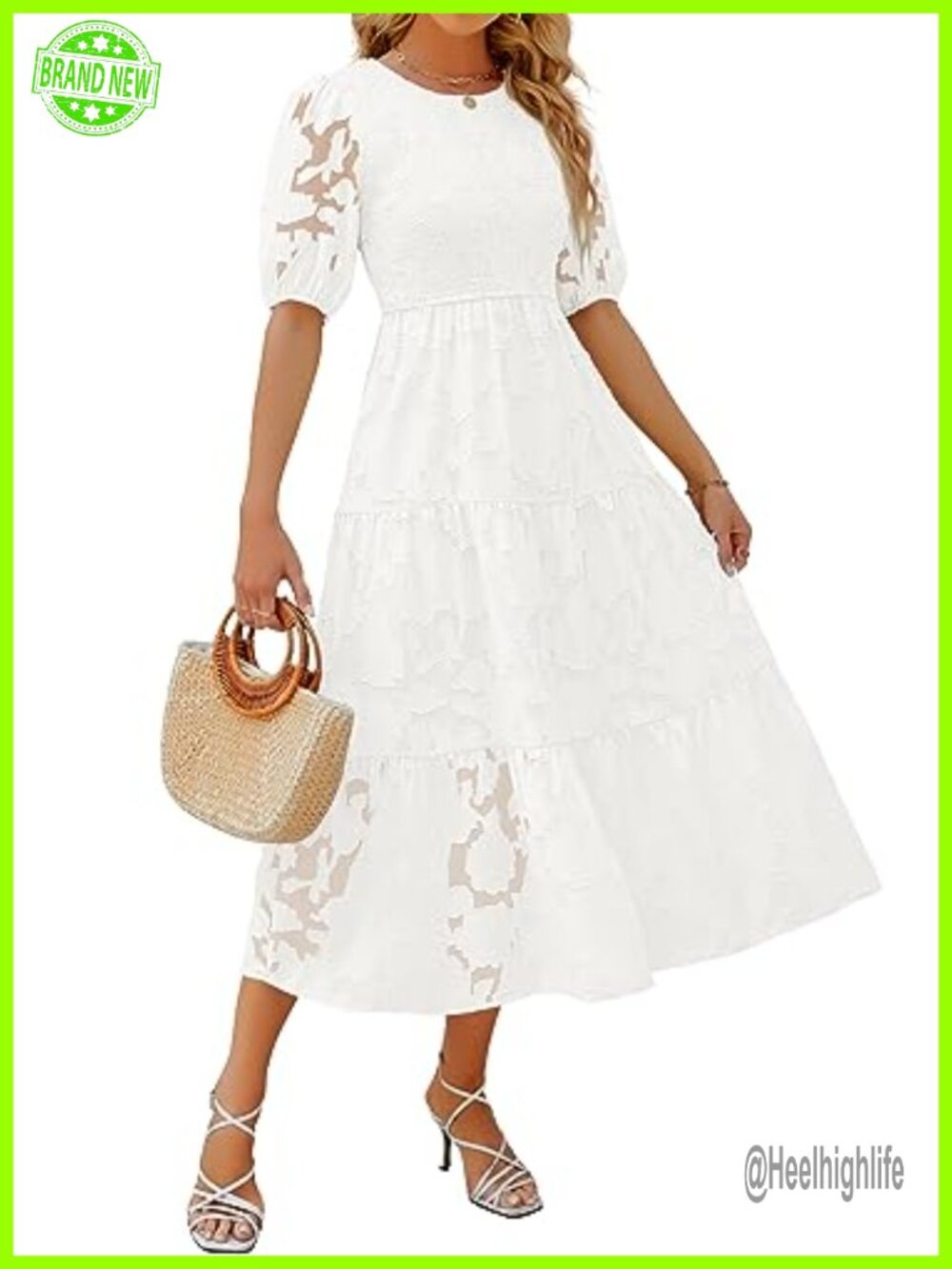Smocked Floral Lace Midi Dress Short Puff Sleeve Wedding Guest